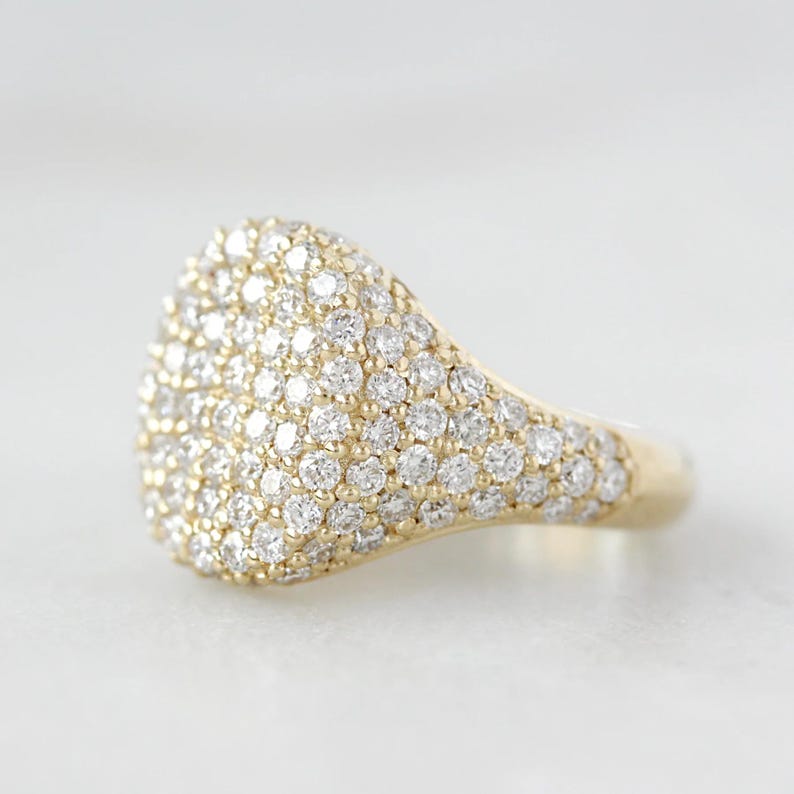 Genuine 14K Solid Gold Diamond Signet Ring, Pinky Ring, Pave Diamond Ring, Statement Jewelry, Gift for Her