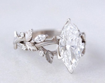 1.5ct Marquise Lab Diamond Engagement Ring: Nature Inspired 14k Solid Gold Proposal Gift