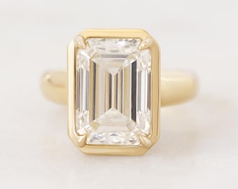 5ct Emerald Cut Lab Diamond Bezel Set Solitaire Luxurious Minimalist Ring Modern, bold, chucky 14K gold Engagement Ring, wide 4.5mm band.
