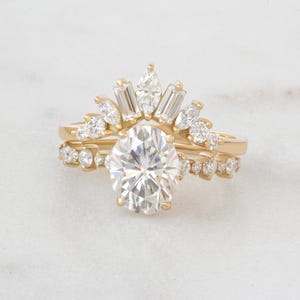 Oval Lab Diamond Engagement Ring Set | 2.5 Carat Oval Diamond | Diamond Dot Band | V Crown Nesting Band | Two Ring Bridal Set | Margo Ally V