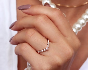 Pearl and Diamond Wedding Ring Band, Unique Nesting V Stacking ring
