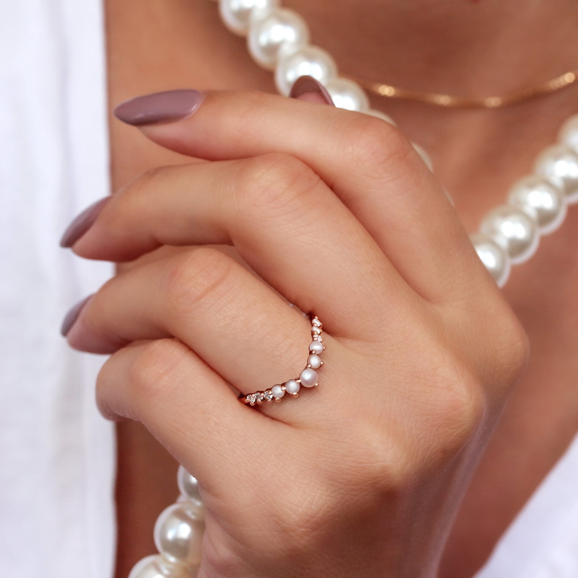 Pearl and Diamond Wedding Ring Band, Unique Nesting V Stacking ring