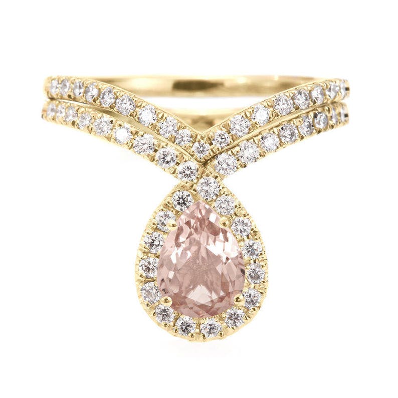 Morganite Engagement Wedding Ring Set, Unique Engagement Ring Pear Morganite & Diamonds Halo, Pear Shape Wedding Ring Set Gemstone Bliss image 3