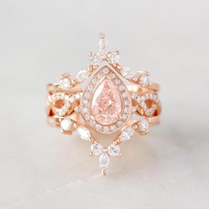 Pink Lab Diamond Pear Halo Engagement Ring & Ring Guard Set, Infinity Twist Shank, Bride-to-be Ring Set, Bridal Jewelry