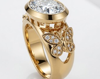 Oval Lab Diamond Butterfly Signet Engagement Ring: 14K Gold East-West Bezel