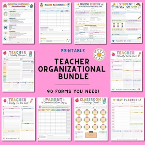 May include: A printable teacher organisational bundle featuring 90 forms including a dismissal procedure, missing assignments, positive behaviour intervention, student reflection, weekly planner, to-do list, communication log, seating chart, and day planner.