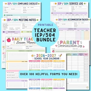 Peut inclure: Un ensemble imprimable IEP/504 pour enseignants comprenant plus de 100 formulaires utiles, dont une liste de contrôle de conformité, un journal de service, des notes de réunion, un suivi des aménagements, un planificateur de cours et un calendrier.