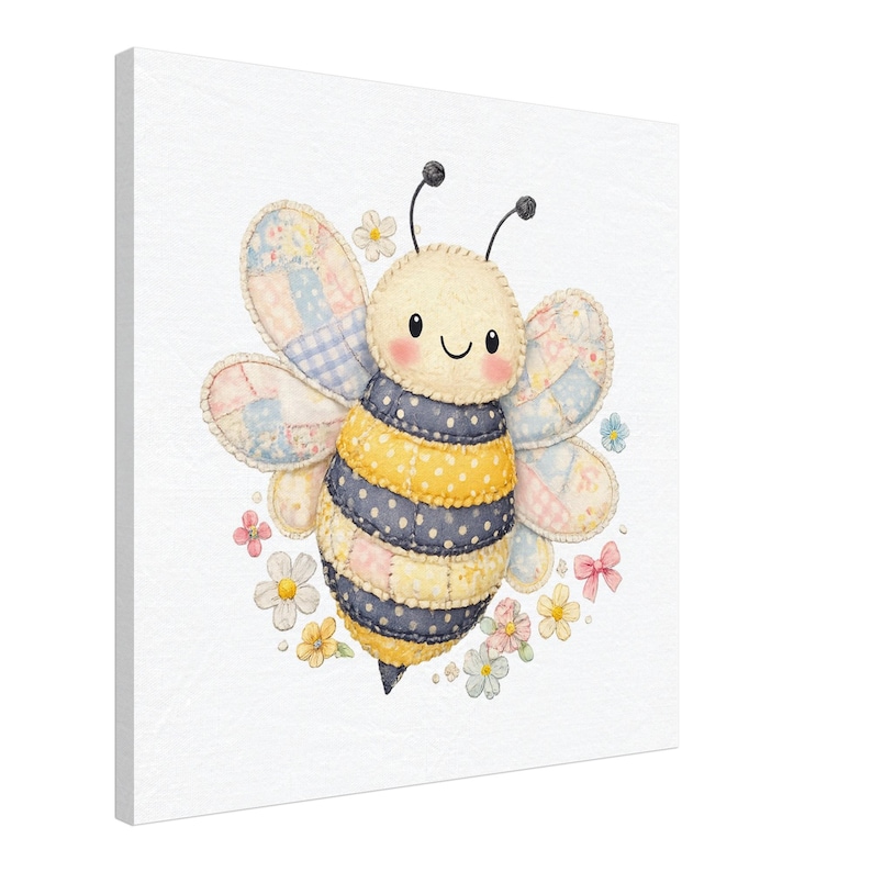 Kawaii Bumble Bee Canvas Print | Adorable Patchwork Bee Wall Art | Boho ...