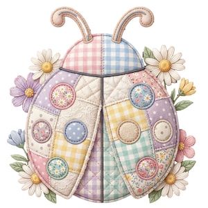 May include: A whimsical, quilted ladybug design with pastel patchwork wings, adorned with daisies and other floral accents. The ladybug features a mix of gingham, floral, and polka dot patterns, creating a charming, handcrafted aesthetic.