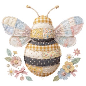 May include: A handcrafted, patchwork bee with gingham, floral, and polka dot patterns in yellow, white, and gray. The bee has stitched wings and antennae. Decorative fabric flowers and buttons are arranged around the bee.