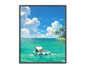 Snoopy drijvende oceaanposter met houten lijst | Zomerstrandkunst aan de muur