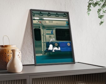 Sleeping Cartoon Dog Subway Train Scene Poster with Wooden Frame