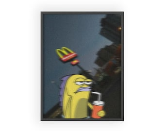 Grumpy Fish Cartoon Poster with Wooden Frame | Fast Food Night Scene