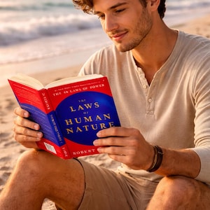 May include: A person reading a book titled "The Laws of Human Nature" by Robert. The book has a red cover and blue text. The person is wearing a light-colored long-sleeve shirt and sitting on a sandy beach.