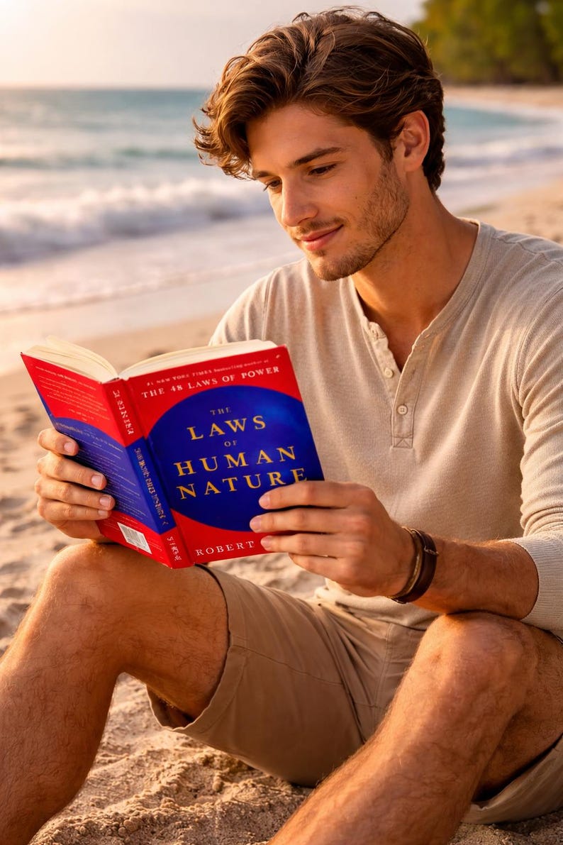 May include: A person reading a book titled "The Laws of Human Nature" by Robert. The book has a red cover and blue text. The person is wearing a light-colored long-sleeve shirt and sitting on a sandy beach.