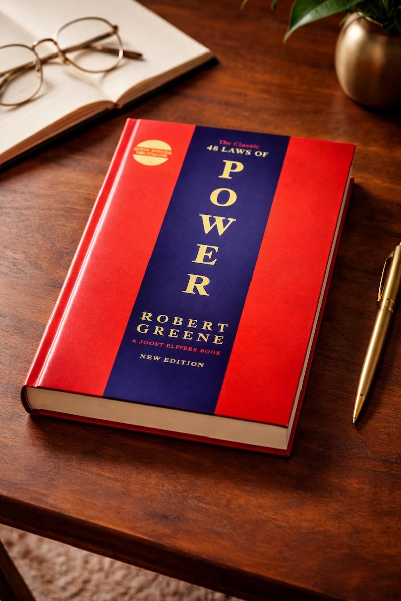 Puede incluir: Un libro de tapa dura titulado "The 48 Laws of Power" de Robert Greene. El libro tiene una cubierta roja con una franja vertical azul en el centro, que muestra la palabra "POWER" en letras blancas grandes. Tambi&eacute;n se ve un bol&iacute;grafo y gafas doradas.