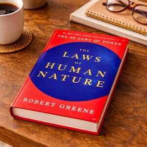 May include: A hardcover book titled "The Laws of Human Nature" by Robert Greene, with a red cover and a blue circle containing the title in gold lettering. The book is on a wooden table, next to a cup of coffee and a pair of glasses.