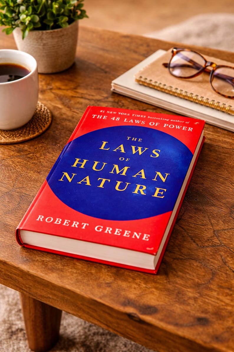 May include: A hardcover book titled "The Laws of Human Nature" by Robert Greene, with a red cover and a blue circle containing the title in gold lettering. The book is on a wooden table, next to a cup of coffee and a pair of glasses.