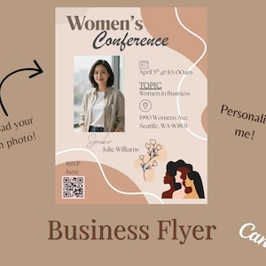 Flyer voor vrouwen in het bedrijfsleven: bewerkbare sjabloon, QR-code, met upload van foto's.