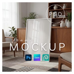 Golvmodell med vit ram, stor affisch PSD-modell, vardagsrumsdisplay för mitten av århundradet, förhandsvisning av neutral väggkonst