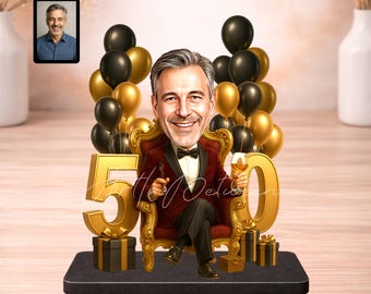 Elegantes Geschenk zum 50. Geburtstag für Männer als Karikatur Tischfigur nach Foto