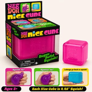 May include: A Nee Doh Nice Cube toy in a pink box with a clear front, and a separate pink cube. The box has the text "Super Solid Squish!" and "Nice Cube". The text "Ages 3+" and "Each Nice Cube is 5.7 cm Squish!" are also visible.