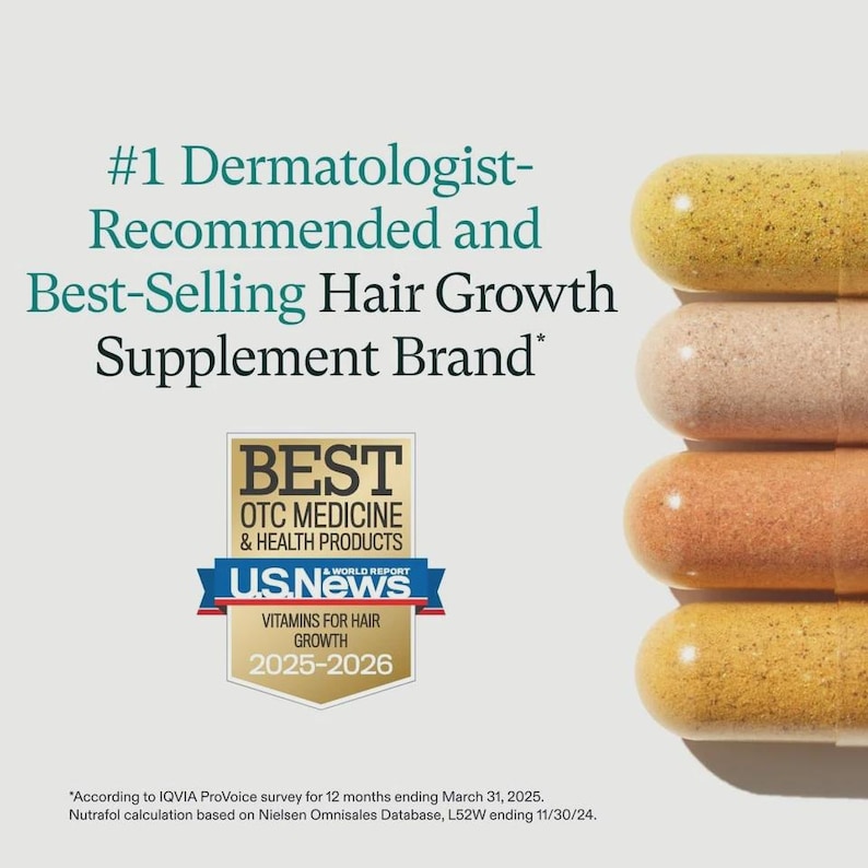 May include: Image features a stack of four capsules in shades of yellow, tan, and orange. Text includes "#1 Dermatologist-Recommended and Best-Selling Hair Growth Supplement Brand" and a "U.S. News" award for vitamins for hair growth.
