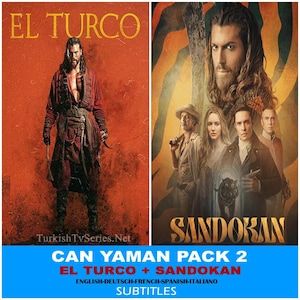 Peut inclure: Image promotionnelle avec deux affiches de films. L'affiche de gauche est pour "El Turco" avec un homme en rouge. L'affiche de droite est pour "Sandokan" avec un groupe de personnes. Le texte en bas indique "CAN YAMAN PACK 2 EL TURCO + SANDOKAN".