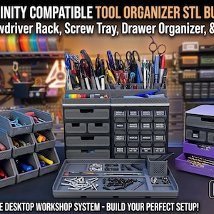 Könnte beinhalten: Ein graues Werkzeug-Organizer-Set mit Schraubendreher-Halter, Schraubenschale, Schubladen-Organizer und Behältern. Das Set ist mit "GRIDFINITY COMPATIBLE TOOL ORGANIZER STL BUNDLE" beschriftet und für ein komplettes Desktop-Werkstattsystem konzipiert.
