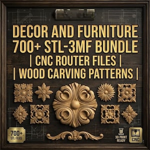Puede incluir: Un letrero de madera con el texto "DECOR AND FURNITURE 700+ STL-3MF BUNDLE | CNC ROUTER FILES | WOOD CARVING PATTERNS". Presenta varios patrones de tallado en madera y está etiquetado como "3D PRINT READY" y "CNC".