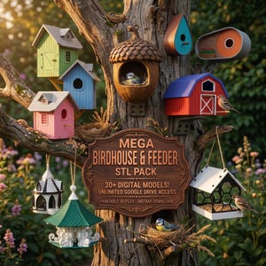 May include: A collection of various birdhouses and feeders in different shapes and colors, mounted on a tree branch. The image includes a pink house, a green house, a blue house, and a red barn-shaped house. The text on the sign reads "MEGA BIRDHOUSE & FEEDER STL PACK".