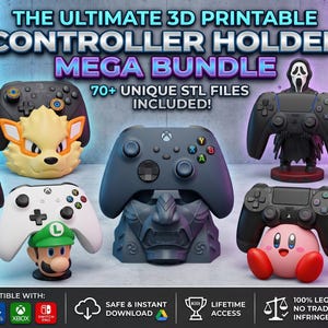 Op de afbeelding: Een advertentie voor een 3D printbare controllerhouder mega bundel. De afbeelding toont verschillende controllerhouders met unieke ontwerpen, waaronder karakters en figuren. De tekst luidt "The Ultimate 3D Printable Controller Holder Mega Bundle" en "70+ Unique STL Files Included!"