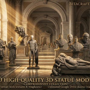 Puede incluir: Una imagen digital de una sala clásica llena de estatuas, incluyendo bustos y figuras completas. La escena incluye el texto "150 HIGH-QUALITY 3D STATUE MODELS". La arquitectura presenta arcos y grandes ventanas.