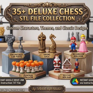 Puede incluir: Una colección de piezas de ajedrez impresas en 3D, que incluyen piezas de automóviles, figuras vikingas, piezas temáticas de calabazas y personajes del Reino Champiñón. La imagen presenta un letrero que dice "35+ DELUXE CHESS STL FILE COLLECTION".