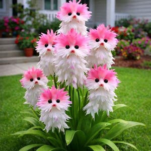 May include: A unique floral arrangement featuring several whimsical, bird-like blooms. Each bloom has a pink and white feathered appearance, with black eyes and a small beak. The arrangement is set against a backdrop of green grass and a house.