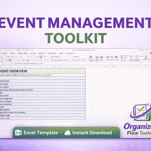 Può includere: Un modello digitale di toolkit per la gestione degli eventi visualizzato su uno schermo di computer. Il testo "EVENT MANAGEMENT TOOLKIT" è in alto. Il modello include sezioni per i dettagli dell'evento, le informazioni sul cliente e i codici di progetto. L'immagine include anche il testo "Excel Template" e "Instant Download".