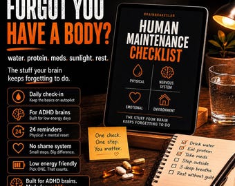 Liste de contrôle pour prendre soin de soi pour le TDAH, PDF de maintenance humaine + outil de réinitialisation interactif
