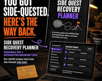 ADHD Side Quest Recovery Planner | Focus Reset for Task Paralysis | Printable PDF + Interactive Tool