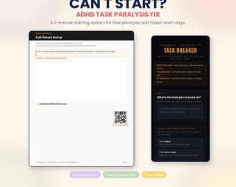 ADHD Task Paralysis Fix, Can't Start Reset, Task Initiation Worksheet, Adult ADHD Executive Function Printable PDF + Interactive Tool