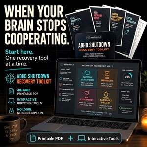 ADHD Shutdown Recovery Toolkit | Burnout Reset + Executive Dysfunction Support | Printable PDF + Interactive Tools