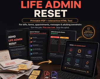 ADHD Life Admin Reset | Interactive HTML Tool + Printable PDF | Executive Dysfunction Adulting Planner
