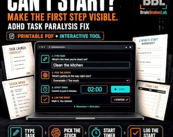 ADHD Task Paralysis Fix | Executive Dysfunction Tool | 2-Minute Starting System | Interactive PDF + HTML