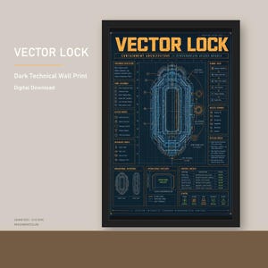May include: A framed technical wall print titled VECTOR LOCK, featuring a dark blue background with yellow and light blue schematic diagrams, grid lines, and text detailing containment architecture and synchronized access module specifications.