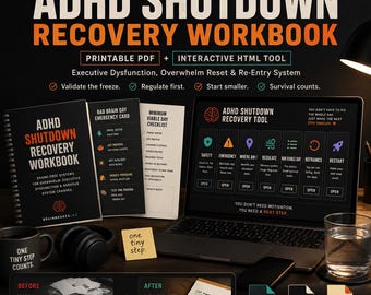 ADHD Shutdown Recovery Kit | Interactive HTML Tool + Printable PDFs | Executive Dysfunction Overwhelm Reset