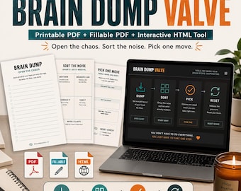 ADHD Brain Dump Worksheet Bundle | Interactive HTML Tool + Fillable PDF | Overwhelm Reset Planner
