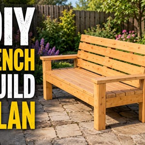 May include: A light brown wooden bench with a slatted backrest, seat, and armrests. The text "DIY BENCH BUILD PLAN" is printed in large white and yellow letters on the left side of the image, overlaying the view of the outdoor wooden furniture.