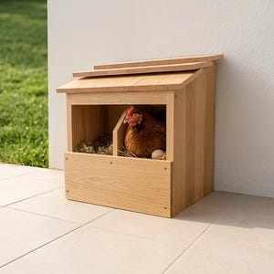 May include: A wooden chicken coop with a pitched roof. A brown hen sits inside the coop on a bed of hay, with one white egg visible. The coop is made of light-coloured wood and is placed on a tiled surface next to a grassy area.