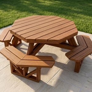 Può includere: Un tavolo da picnic in legno con un piano ottagonale e panche attaccate. Il tavolo e le panche sono in legno marrone chiaro e sono progettati per l'uso all'aperto. Il tavolo è posizionato su un patio con erba verde sullo sfondo.