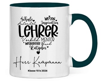 Personalisierte Lehrer‑Akzenttasse – Wortherz mit Mentor, Vorbild, Ratgeber, Inspiration, Wissen, Name, Klasse – Geschenk Lehrer, Schule