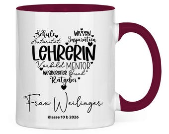 Lehrerin Keramiktasse personalisiert  – Mentor, Vorbild, Inspiration, Wissen – Akzenttasse, Name & Klasse – Geschenk für Lehrerinnen, Schule